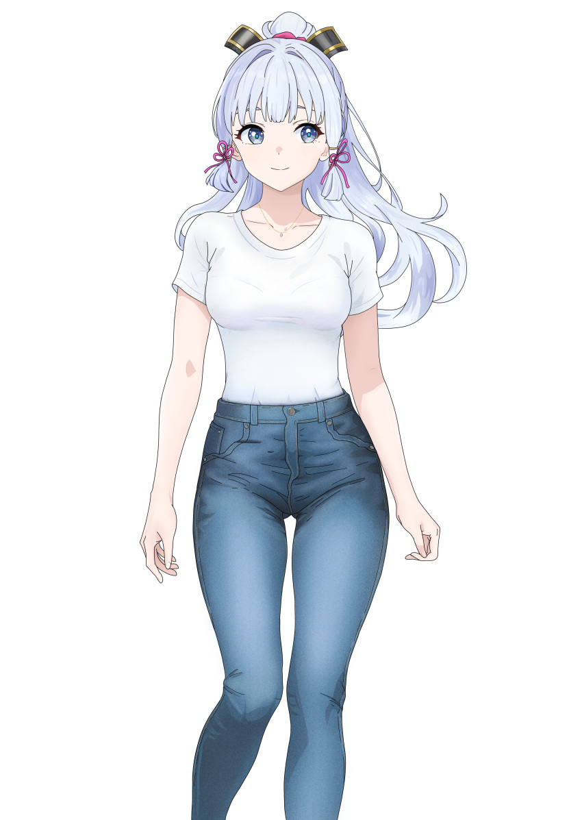 1girl absurdres alternate_costume blue_hair blunt_tresses breasts chinese_knot clip_studio_paint_(medium) closed_mouth collarbone contemporary denim english_commentary genshin_impact hair_ornament hair_ribbon highres infra_red44 jeans kamisato_ayaka light_blue_hair long_hair looking_to_the_side medium_breasts mole mole_under_eye pants pink_ribbon ponytail ribbon shirt shirt_tucked_in short_sleeves smile solo tight_clothes tress_ribbon white_background white_shirt