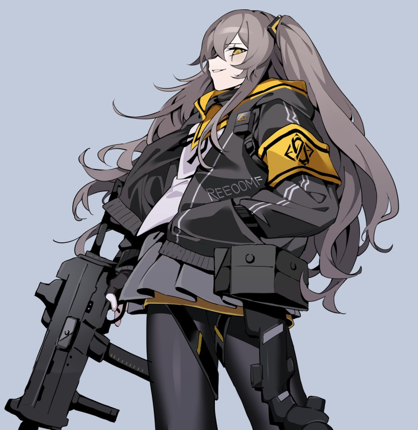 1girl armband fingerless_gloves girls_frontline gloves grey_background gun hair_between_eyes hand_in_pocket highres holding holding_gun holding_weapon hood hood_down hooded_jacket jacket long_hair looking_at_viewer manarou one_side_up open_clothes open_jacket orange_eyes pantyhose pleated_skirt scar scar_across_eye scar_on_face simple_background skirt solo submachine_gun ump45_(girls'_frontline) weapon
