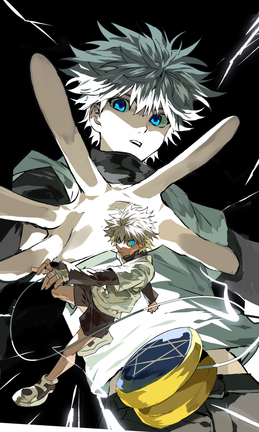 1boy absurdres angry bandages black_background black_undershirt blue_eyes cowboy_shot expressionless frown full_body glowing glowing_eyes highres hunter_x_hunter jewelry killua_zoldyck lightning looking_at_viewer looking_down open_hand open_mouth pale_skin ring shirt short_hair shorts simple_background solo standing star_(symbol) t-shirt teeth white_hair white_shirt xi_luo_an_ya yo-yo