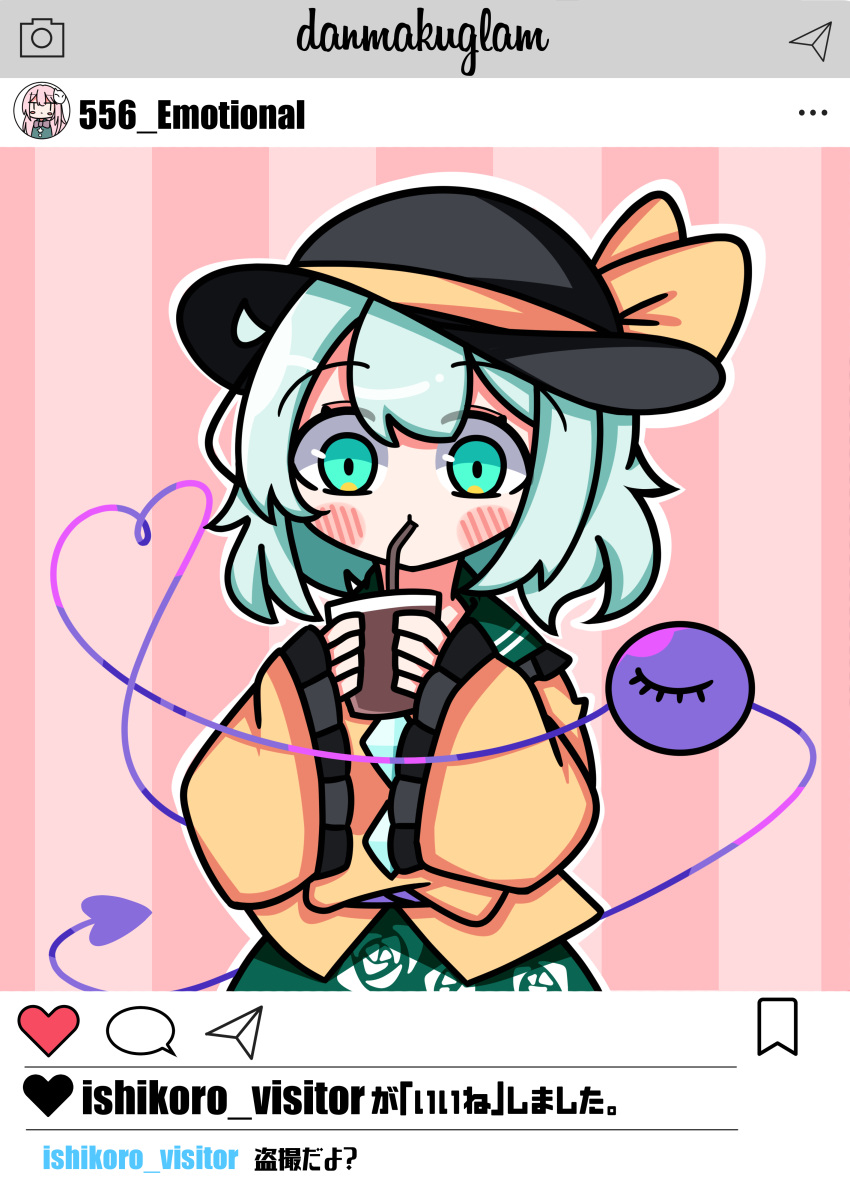 1girl :t absurdres black_headwear blue_shirt blush blush_stickers bow buttons cup diamond_button disposable_cup drinking drinking_straw drinking_straw_in_mouth floral_print frilled_shirt_collar frilled_sleeves frills green_eyes green_hair green_skirt hat hat_bow hata_no_kokoro heart heart_of_string highres holding holding_cup instagram komeiji_koishi light_green_hair long_hair long_sleeves mask mask_on_head medium_hair pink_background pink_hair rose_print shirt skirt sleeves_past_wrists social_network solo standing striped striped_background third_eye touhou translation_request two-tone_background waroemon yellow_bow yellow_shirt