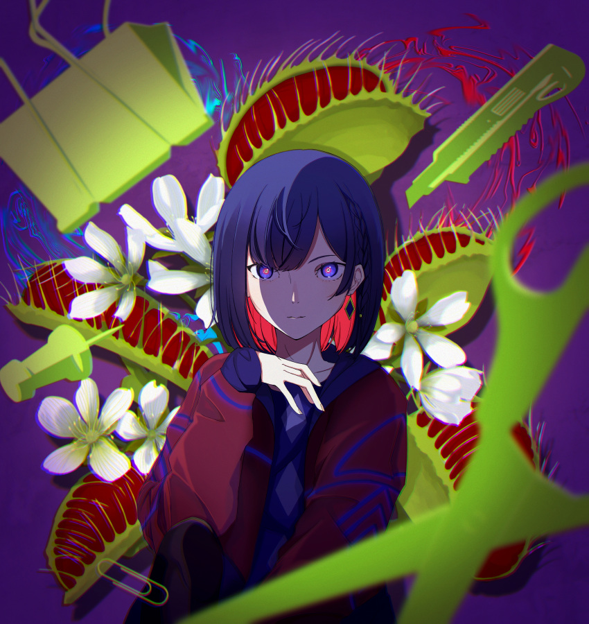 1girl absurdres binder_clip blue_eyes blue_hair boxcutter carnivorous_plant colored_inner_hair diamond_earrings earrings flower highres hood hood_down hooded_jacket jacket jewelry kahlumi kamitsubaki_studio looking_at_viewer multicolored_clothes multicolored_eyes multicolored_hair multicolored_jacket paperclip purple_background pushpin red_jacket redhead rim_(kamitsubaki_studio) scissors solo virtual_youtuber yellow_pupils