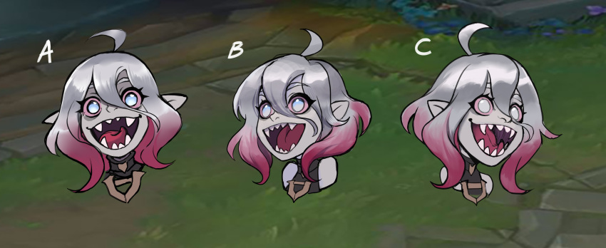 1girl :d absurdres ahoge bare_shoulders briar_(league_of_legends) colored_sclera cropped_shoulders fangs grey_eyes grey_hair hair_between_eyes highres league_of_legends looking_at_viewer multiple_views open_mouth outdoors pink_hair pink_sclera sharp_teeth smile stella_chen_yui teeth tongue