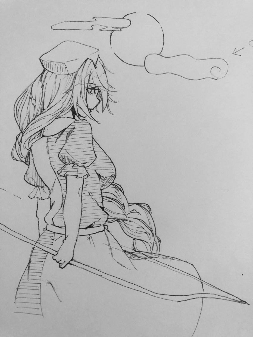 1girl bow_(weapon) braid braided_ponytail breasts clouds commentary full_moon greyscale hat highres holding holding_bow_(weapon) holding_weapon kanaria_(bocmn) long_hair monochrome moon nurse_cap one-hour_drawing_challenge outdoors short_sleeves simple_background sketch solo touhou traditional_media two-tone_dress weapon yagokoro_eirin