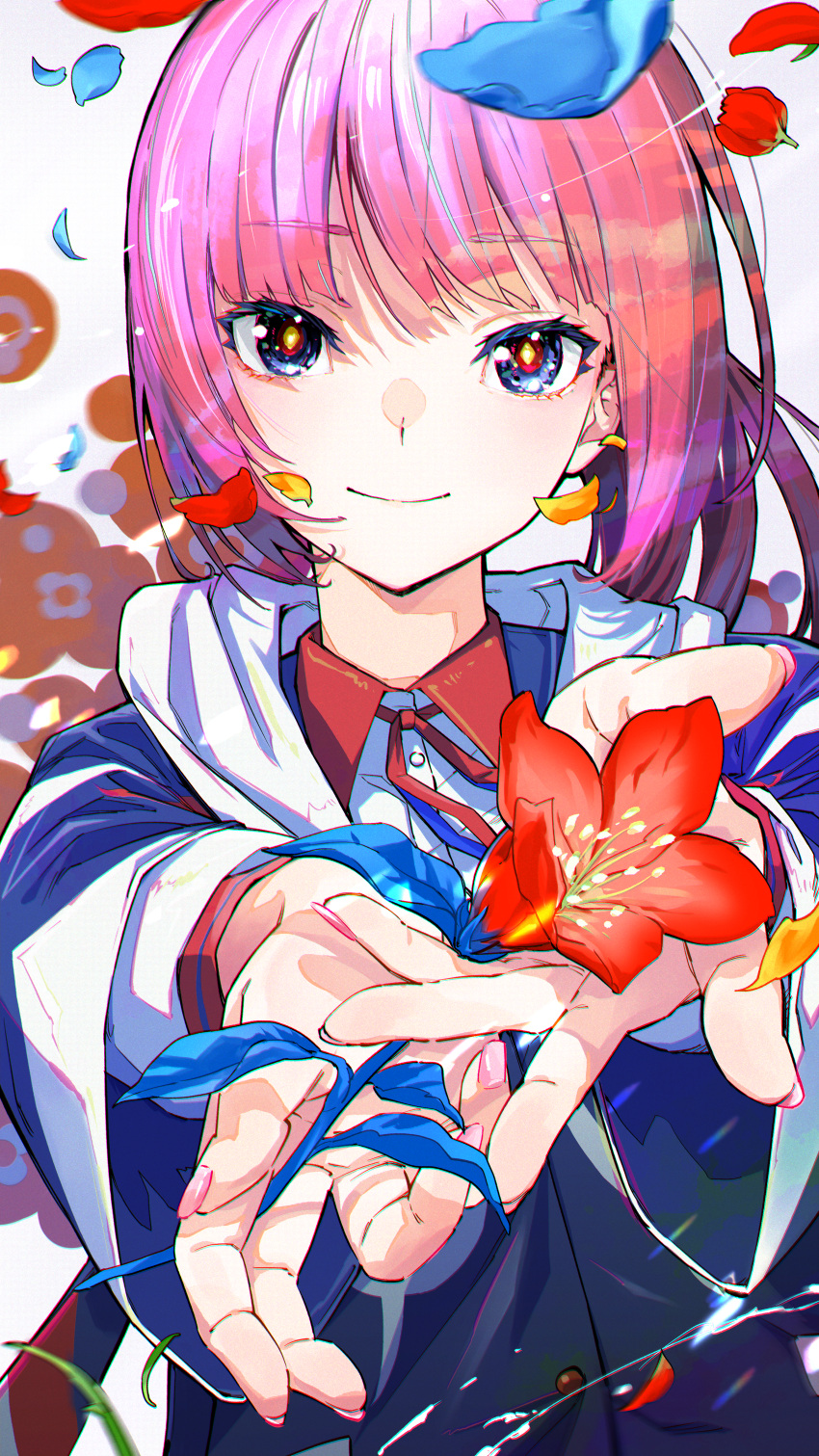 1girl absurdres blue_eyes blue_hoodie bolo_tie collared_shirt facing_viewer flower highres holding holding_flower hood hood_down hoodie jacket kaf_(kamitsubaki_studio) kamitsubaki_studio long_hair long_sleeves looking_at_viewer multicolored_eyes outstretched_arms outstretched_hand petals pink_hair pink_nails reaching reaching_towards_viewer segawa_ryuu shirt smile solo virtual_youtuber vocaloid vsinger white_hood yellow_pupils