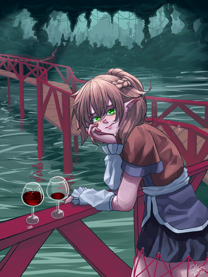 1girl absurdres arm_warmers blonde_hair braid bridge closed_mouth commentary english_commentary french_braid glass green_eyes highres hippppodraw looking_at_viewer mizuhashi_parsee multicolored_clothes outdoors pointy_ears short_hair short_sleeves solo touhou
