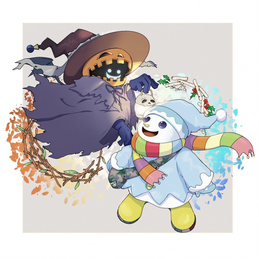 2others bag black_gloves boots candle duel_monster ei_(tdnei666) flying ghost ghostrick_jackfrost ghostrick_lantern gloves hat highres holding holding_lantern jack-o'-lantern lantern long_sleeves mistletoe multiple_others open_mouth santa_hat satchel scarf smile snowman sweater witch_hat yu-gi-oh!