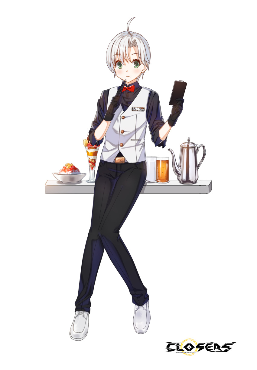 1boy ahoge alternate_hair_color badge belt black_gloves black_pants black_shirt blush bow bowl bowtie clipboard closed_mouth closers coffee_pot collared_shirt copyright_name cup drinking drinking_glass food full_body gloves green_eyes hands_up highres holding holding_clipboard holding_pen knees_together_feet_apart logo looking_at_viewer male_focus mistilteinn_(closers) official_art oxfords pants pen pen_to_mouth red_bow red_bowtie shaved_ice shelf shirt short_hair sleeves_past_elbows solo standing tachi-e traditional_bowtie vest waistcoat waiter white_background white_belt white_footwear white_hair white_vest
