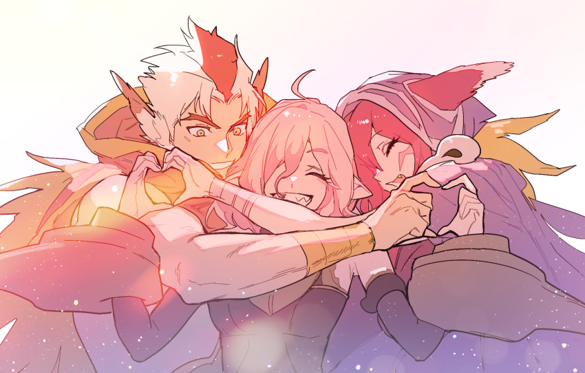 1boy 2girls animal_ears antenna_hair briar_(league_of_legends) clenched_teeth closed_eyes closed_mouth facial_mark fang grey_hair grin hair_between_eyes highres hood hoodie league_of_legends long_hair multicolored_hair multiple_girls open_mouth parted_bangs pink_hair pointy_ears rakan_(league_of_legends) redhead sidelocks simple_background smile streaked_hair teeth two-tone_hair upper_body vampire whisker_markings white_hair xayah zaket07