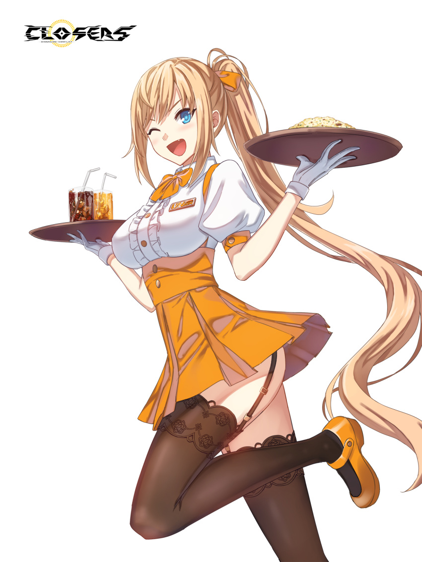 1girl ;d alternate_hair_color ass badge blue_eyes blush bow bowtie breasts brown_thighhighs center_frills closers collared_shirt copyright_name cowboy_shot drink drinking_straw fang food fried_rice frills from_side garter_straps glasses gloves hair_bow hands_up high-waist_skirt highres holding holding_tray ice ice_cube lace-trimmed_thighhighs large_breasts leg_up logo long_hair looking_at_viewer mary_janes miniskirt official_art one_eye_closed open_mouth orange_bow orange_bowtie orange_footwear orange_hair orange_skirt pleated_skirt ponytail puffy_short_sleeves puffy_sleeves running shirt shoes short_sleeves sidelocks skirt smile solo suspender_skirt suspenders thigh-highs tray underbust v-shaped_eyebrows very_long_hair waitress white_background white_gloves white_shirt yuri_seo zettai_ryouiki