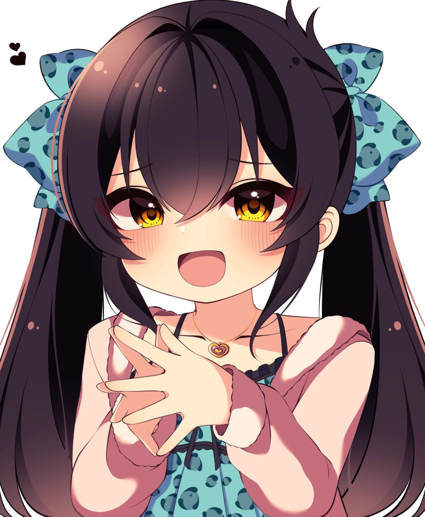 1girl animal_print aqua_bow aqua_shirt black_hair blush bow cardigan collarbone commentary hair_between_eyes hair_bow hands_up highres idolmaster idolmaster_cinderella_girls jewelry leopard_print long_hair long_sleeves looking_at_viewer maju_risa matoba_risa necklace open_mouth own_hands_together shirt sidelocks smile solo twintails upper_body white_background white_cardigan yellow_eyes