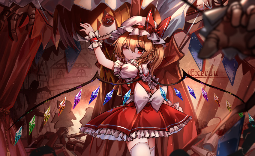1girl ;) absurdres blonde_hair closed_mouth commentary_request crystal flandre_scarlet frilled_skirt frills highres looking_at_viewer medium_hair one_eye_closed one_side_up red_eyes red_skirt red_vest shirt short_sleeves signature skirt smile solo thigh-highs top-exerou touhou vest white_shirt white_thighhighs wings wrist_cuffs
