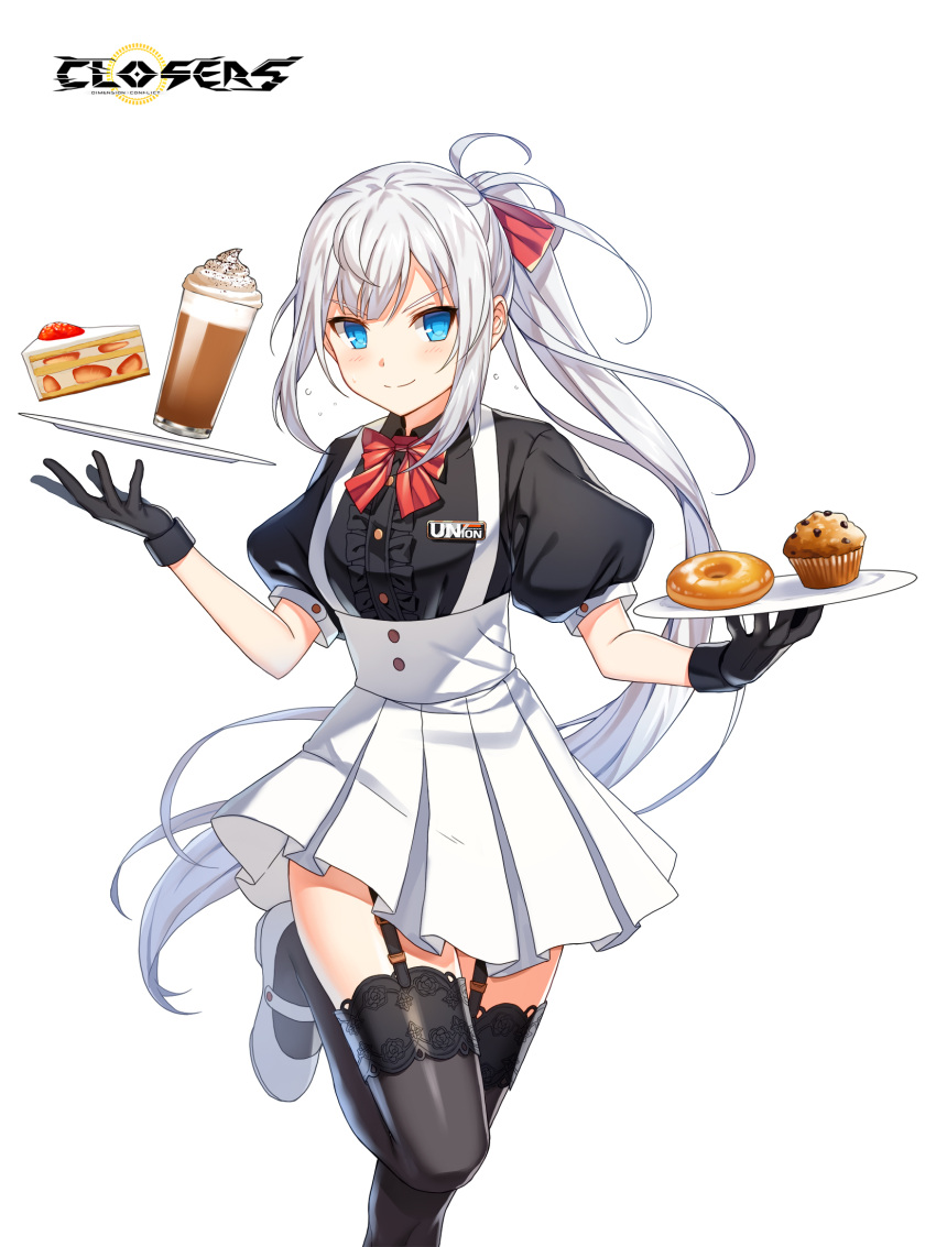 1girl alternate_hair_color badge black_gloves black_shirt black_thighhighs blue_eyes blush bow bowtie breasts cake cake_slice center_frills closed_mouth closers coffee collared_shirt copyright_name cowboy_shot cup cupcake doughnut drinking_glass floating_hair flying_sweatdrops food frills garter_straps gloves hair_bow hands_up high-waist_skirt highres holding holding_plate ice_cream ice_cream_float lace-trimmed_thighhighs leg_up logo long_hair looking_at_viewer mary_janes miniskirt official_art plate pleated_skirt ponytail puffy_short_sleeves puffy_sleeves red_bow red_bowtie seulbi_lee shirt shoes short_sleeves sidelocks skirt small_breasts smile solo standing standing_on_one_leg strawberry_cake suspender_skirt suspenders thigh-highs underbust v-shaped_eyebrows very_long_hair waitress white_background white_footwear white_hair white_skirt zettai_ryouiki