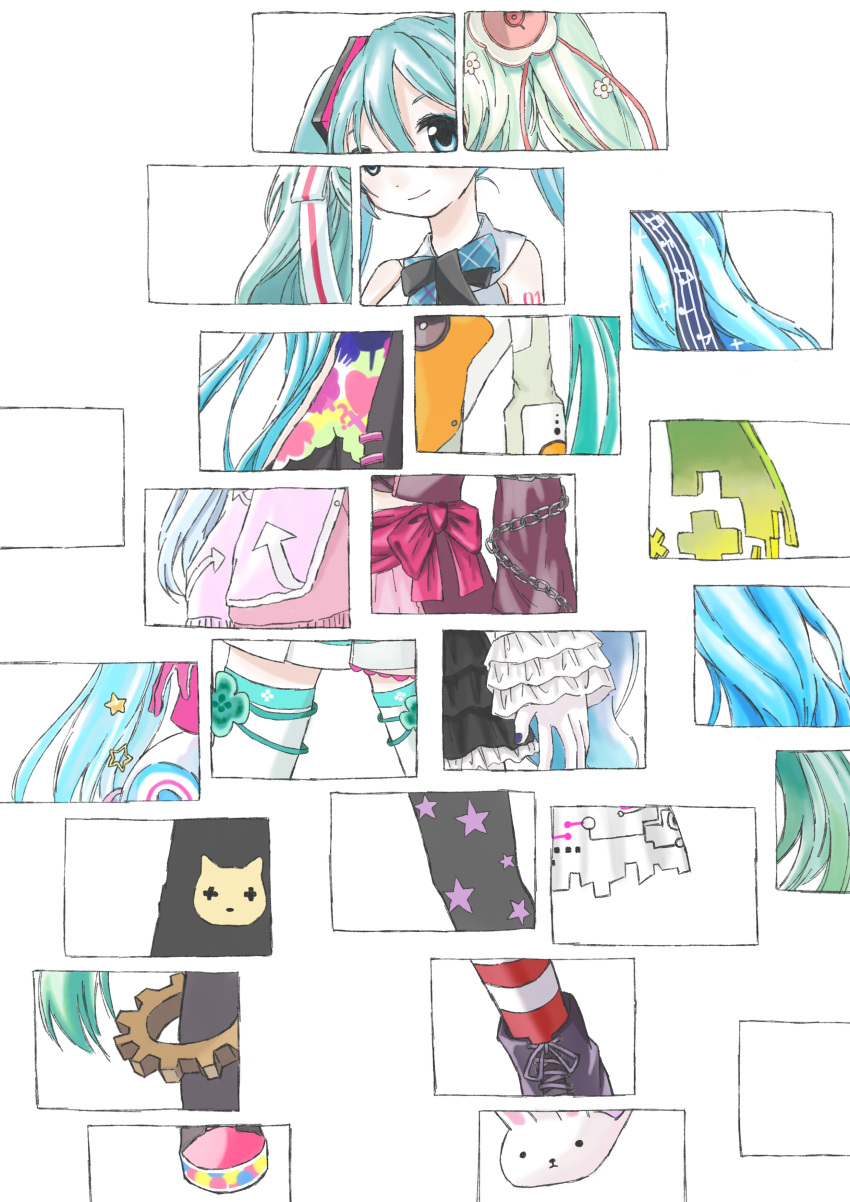 1girl absurdres aikotoba alternate_costume animal_print animal_slippers aqua_hair arrow_print bare_shoulders black_necktie blue_eyes blue_hair boots bunny_slippers cat_print catch_the_wave_(vocaloid) chain character_request check_character check_copyright closed_mouth collage colorful_festival_(project_sekai) commentary copyright_request flower frills full_body gears green_hair hair_flower hair_ornament hair_ribbon hatsune_miku hatsune_miku_no_gekishou_(vocaloid) highres infinity_(module) jacket long_hair long_sleeves looking_at_viewer magical_mirai_(vocaloid) magical_mirai_miku magical_mirai_miku_(2017) magical_mirai_miku_(2021) magical_mirai_miku_(2022) miniskirt musical_note musical_note_print necktie number_tattoo odds_&amp;_ends_(vocaloid) pink_jacket project_diva_(series) project_sekai red_thighhighs ribbon romeo_to_cinderella_(vocaloid) sadistic_music_factory_(vocaloid) shirt skirt sleeveless sleeveless_shirt slippers slow_motion_(vocaloid) smile solo spiritual_(module) standing star_(symbol) star_print striped striped_ribbon striped_thighhighs tattoo tell_your_world_(vocaloid) thigh-highs twintails very_long_hair vintage_dress_(module) vocaloid vocaloid_boxart_pose white_background white_ribbon white_thighhighs yu_qie_fu yuki_miku yuki_miku_(2017) yuki_miku_(2022)