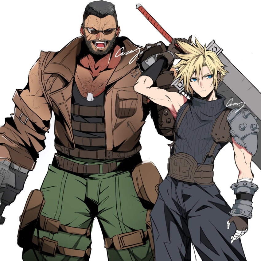 2boys arm_cannon arm_up armor baggy_pants barret_wallace belt black_hair black_tank_top blonde_hair blue_eyes blue_pants blue_sweater brown_gloves brown_vest buster_sword chest_hair clenched_hand closed_mouth cloud_strife collarbone cowboy_shot crazy02oekaki dark-skinned_male dark_skin dog_tags facial_hair final_fantasy final_fantasy_vii final_fantasy_vii_remake fingerless_gloves gloves green_pants hair_between_eyes hand_up highres holding holding_sword holding_weapon huge_weapon male_focus multiple_boys muscular muscular_male open_mouth pants ribbed_sweater scar scar_on_cheek scar_on_face short_hair shoulder_armor signature single_bare_shoulder sleeveless sleeveless_turtleneck spiky_hair sunglasses suspenders sweater sword tank_top thigh_strap turtleneck turtleneck_sweater vest weapon white_background