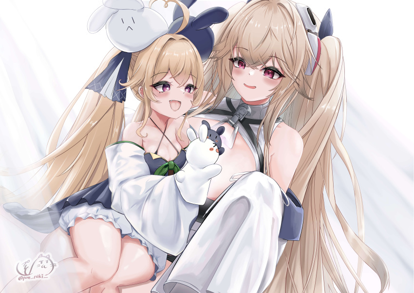 2girls absurdres ahoge anchorage_(azur_lane) artist_name attilio_regolo_(azur_lane) azur_lane cleavage_cutout clothing_cutout criss-cross_halter crossed_bangs detached_sleeves fang halterneck heart heart_ahoge highres light_brown_hair long_hair multiple_girls open_mouth pon_niki_ode rabbit_puppet sitting sitting_on_person sleeves_past_fingers sleeves_past_wrists twintails twitter_username very_long_sleeves