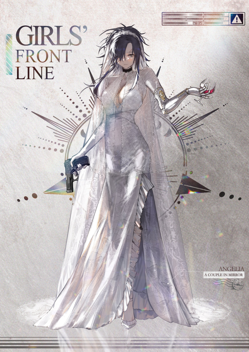 1girl absurdres alcohol alternate_costume angelia_(girls'_frontline) blue_hair blueblossom bridal_veil cup dress drinking_glass english_text girls_frontline grey_eyes gun handgun highres holding holding_cup holding_gun holding_weapon long_hair mechanical_arms red_wine scar scar_on_face scar_on_forehead single_mechanical_arm smile solo solo_focus trigger_discipline veil weapon wedding_dress white_dress wine wine_glass