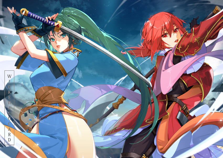 2girls armor blue_dress blue_eyes dress fire_emblem fire_emblem:_shadow_dragon fire_emblem:_the_blazing_blade fire_emblem_heroes green_hair holding holding_sword holding_weapon ian_olympia katana long_hair lyn_(fire_emblem) minerva_(fire_emblem) multiple_girls pantyhose pelvic_curtain ponytail red_eyes redhead sword weapon