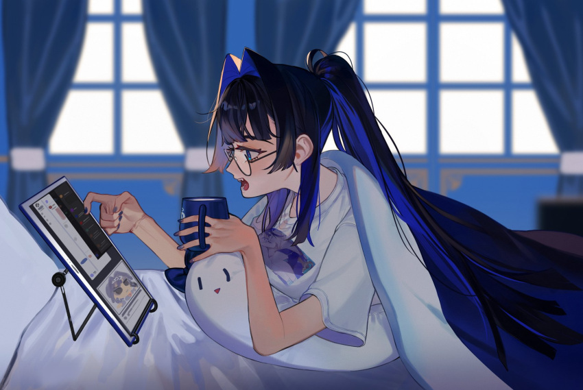 1girl bed bedroom blanket blue_eyes blue_hair blue_nails blunt_bangs boros_(ouro_kronii) breasts cup eus_ing fangs glasses hair_intakes high_ponytail highres holding holding_cup hololive hololive_english large_breasts long_hair lying messy_hair multicolored_hair nail_polish on_bed on_stomach open_mouth ouro_kronii pillow ponytail shirt solo tablet_pc teeth tongue two-tone_hair under_covers virtual_youtuber white_shirt