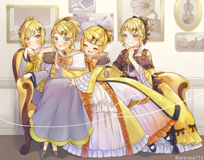 4girls :/ aryuma772 bare_shoulders black_bow black_footwear black_ribbon blonde_hair blue_eyes blush book bow brooch cheek_rest choker closed_eyes colored_eyelashes detached_collar dress dress_bow dress_flower earrings evillious_nendaiki flower frilled_dress frilled_sleeves frills gem grey_dress hair_ornament hairclip happy high_heels high_ponytail highres hug hug_from_behind instrument jewelry kagamine_rin long_sleeves miku_symphony_(vocaloid) multiple_girls multiple_persona off-shoulder_dress off_shoulder official_alternate_costume orange_bow orange_ribbon phonograph picture_frame project_mirai queue red_gemstone ribbon riliane_lucifen_d'autriche rose sitting_sideways smile surprised swept_bangs updo violin vocaloid wide_sleeves yellow_bow yellow_choker yellow_eyes yellow_flower yellow_nails yellow_rose