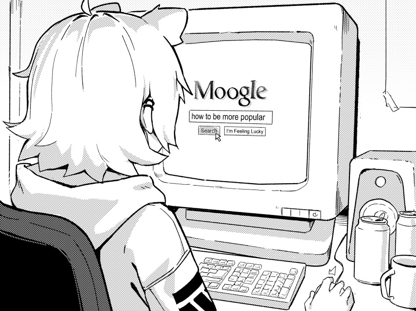 1girl animal_ears can cup ear_piercing from_behind greyscale highres keyboard_(computer) long_sleeves monitor monochrome mouse_(computer) mouse_ears mouse_girl mug original perl_(vertigris) piercing short_hair solo vertigris
