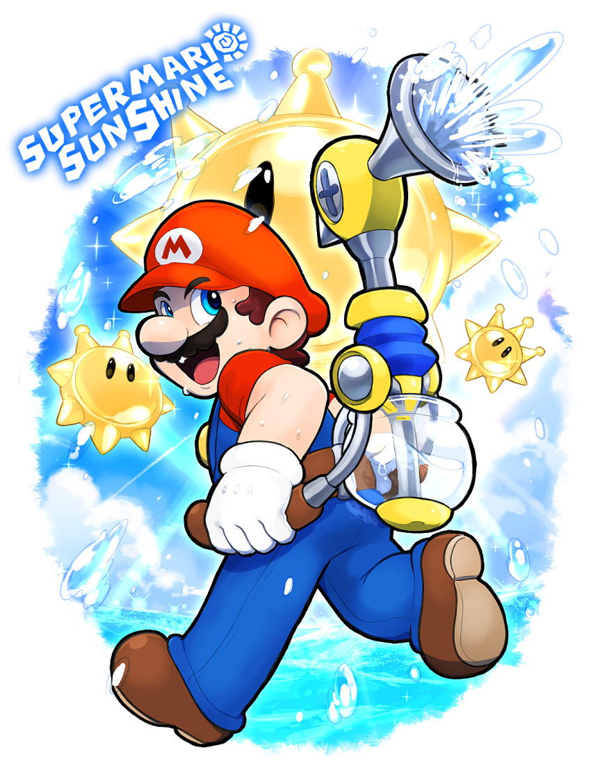 1boy belt blue_eyes blue_overalls brown_footwear copyright_name f.l.u.d.d. facial_hair full_body gloves happy hat highres hoshi_(star-name2000) mario mustache overalls red_headwear shine_sprite sky smile spraying super_mario_bros. super_mario_sunshine water