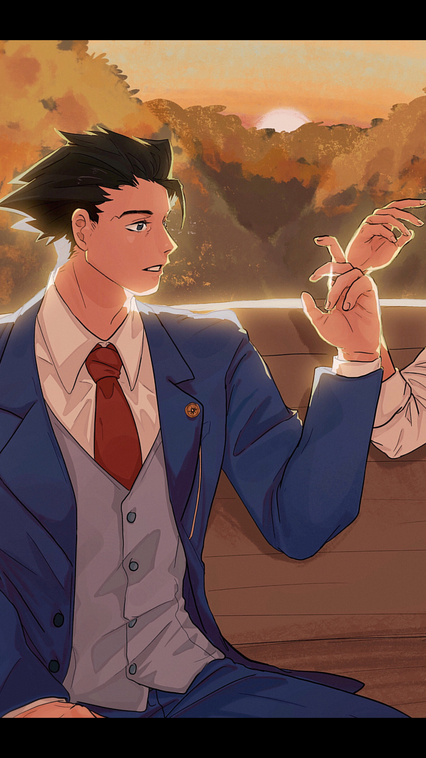 2boys ace_attorney apollo_justice arm_at_side autumn bench black_hair blue_eyes blue_jacket blue_pants blue_suit blue_vest buttons collared_shirt hand_up highres jacket lapel_chain lapel_pin layered_sleeves letterboxed long_sleeves looking_at_another male_focus marikmame multiple_boys necktie outdoors pants parted_lips phoenix_wright profile red_necktie shirt short_hair sitting solo_focus spiky_hair suit sunset three-piece_suit vest waistcoat white_shirt