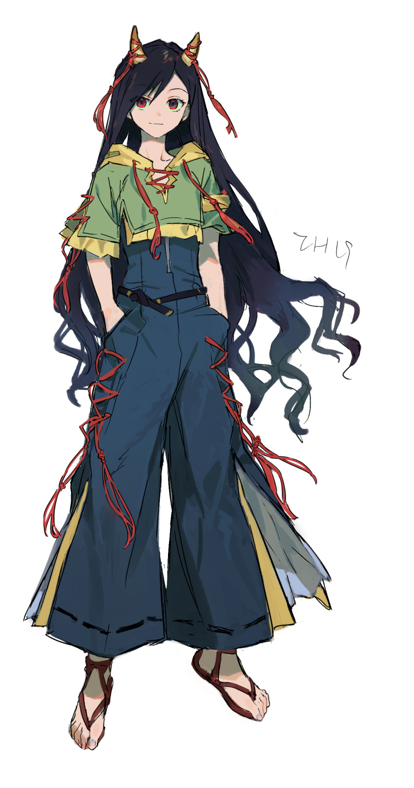 1girl barefoot black_hair blue_pants closed_mouth full_body green_shirt hands_in_pockets highres horns iovebly long_hair nippaku_zanmu oni_horns pants red_eyes shirt short_sleeves simple_background smile solo touhou white_background