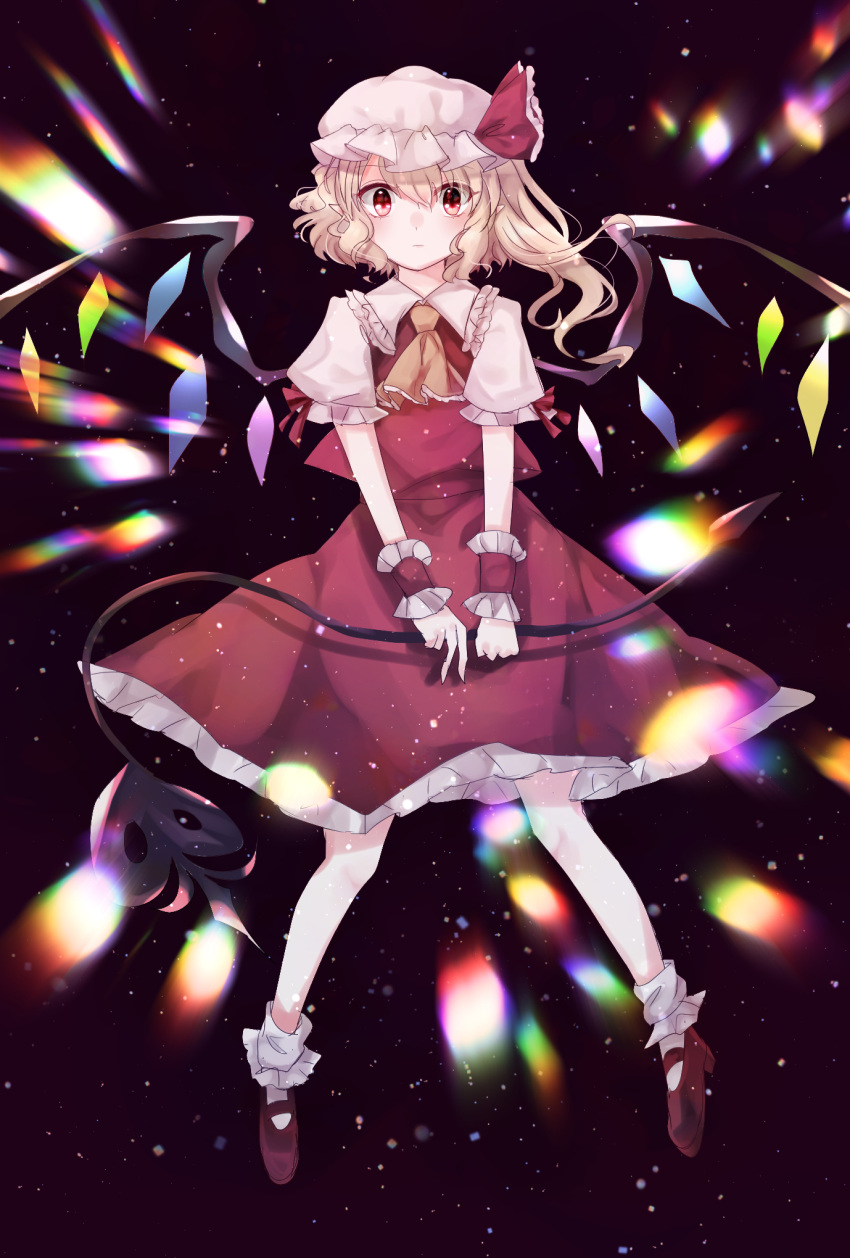 1girl ascot blonde_hair closed_mouth collared_shirt dark_background flandre_scarlet frilled_shirt_collar frilled_sleeves frills full_body hair_between_eyes hat highres holding holding_polearm holding_weapon laevatein_(touhou) looking_at_viewer mary_janes medium_hair mob_cap multicolored_wings one_side_up polearm puffy_sleeves red_eyes red_footwear red_skirt red_vest shirt shoes simple_background skirt skirt_set socks solo soraki_(marisa_syou) touhou vest weapon white_headwear white_shirt white_socks wings wrist_cuffs yellow_ascot
