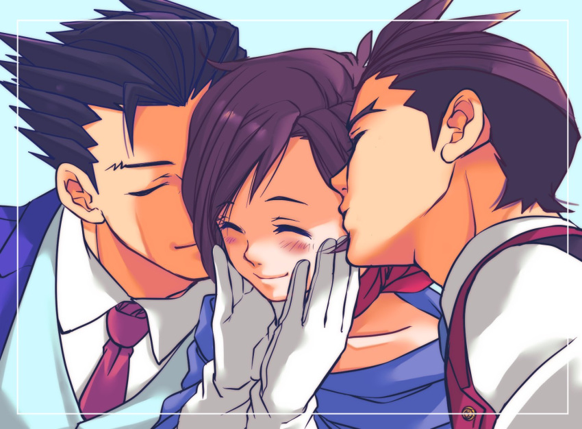 1girl 2boys ace_attorney antenna_hair apollo_justice black_hair blue_background blue_cape blue_jacket blue_vest border boy_sandwich brown_hair cape closed_eyes closed_mouth collared_shirt forked_eyebrows gloves hands_on_own_cheeks hands_on_own_face jacket kiss kissing_cheek lapel_pin lapels multiple_boys necktie phoenix_wright pink_necktie platonic_kiss portrait ragi_(od6fine) red_scarf sandwiched scarf shirt short_hair simple_background smile spiky_hair swept_bangs trucy_wright vest white_gloves white_shirt