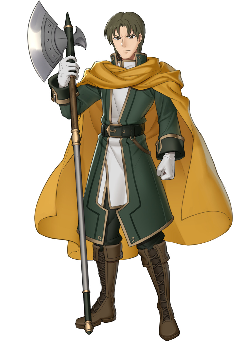 absurdres axe boots brighton_(fire_emblem) brown_eyes brown_footwear brown_hair cape clenched_hand coat ebinku fire_emblem fire_emblem:_thracia_776 gloves green_coat highres holding holding_axe holding_weapon looking_at_viewer short_hair weapon white_gloves yellow_cape