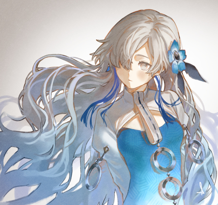 1girl arms_behind_back blue_dress blue_flower blue_hair dress expressionless floating_hair flower grey_background grey_eyes grey_hair hair_flower hair_ornament hair_over_one_eye isekai_joucho kamitsubaki_studio long_hair looking_to_the_side multicolored_hair shijohane two-tone_dress two-tone_hair upper_body very_long_hair virtual_youtuber white_dress