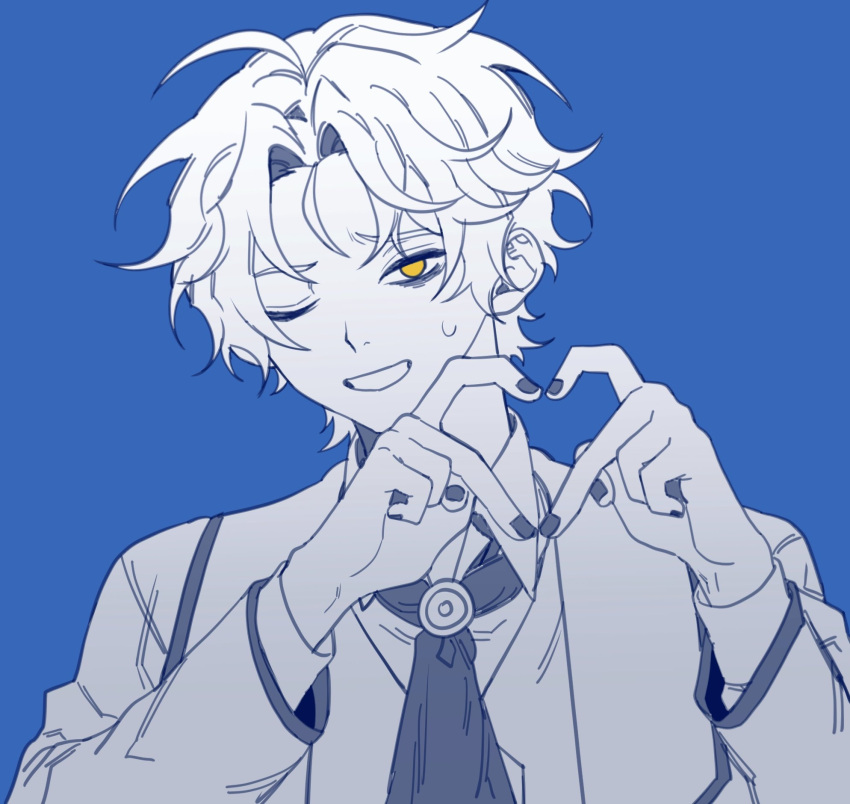 1boy 3cnfw ascot blue_nails blue_theme chesed_(project_moon) coat collared_shirt heart heart_hands highres lobotomy_corporation long_sleeves male_focus monochrome one_eye_closed open_mouth parted_bangs project_moon shirt smile solo spot_color sweat vest yellow_eyes