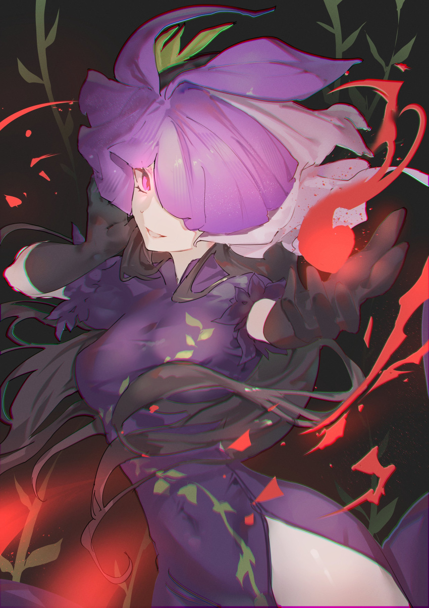 1girl absurdres black_gloves black_hair china_dress chinese_clothes dress flower flower_on_head foreshortening gloves highres long_hair mont_blanca open_mouth purple_dress purple_flower short_sleeves smile solo touhou vine_print violet_eyes yomotsu_hisami