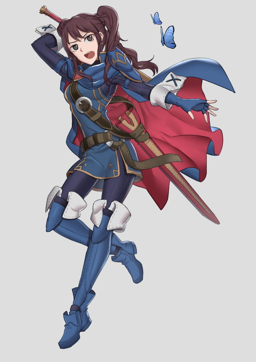 1girl black_eyes blue_butterfly blue_footwear brown_hair bug butterfly cosplay ebinku falchion_(fire_emblem) fingerless_gloves fire_emblem fire_emblem_awakening gloves highres holding holding_sword holding_weapon kujikawa_rise laura_bailey lucina_(fire_emblem) lucina_(fire_emblem)_(cosplay) open_mouth persona persona_4 sword twintails two-tone_cape voice_actor_connection weapon