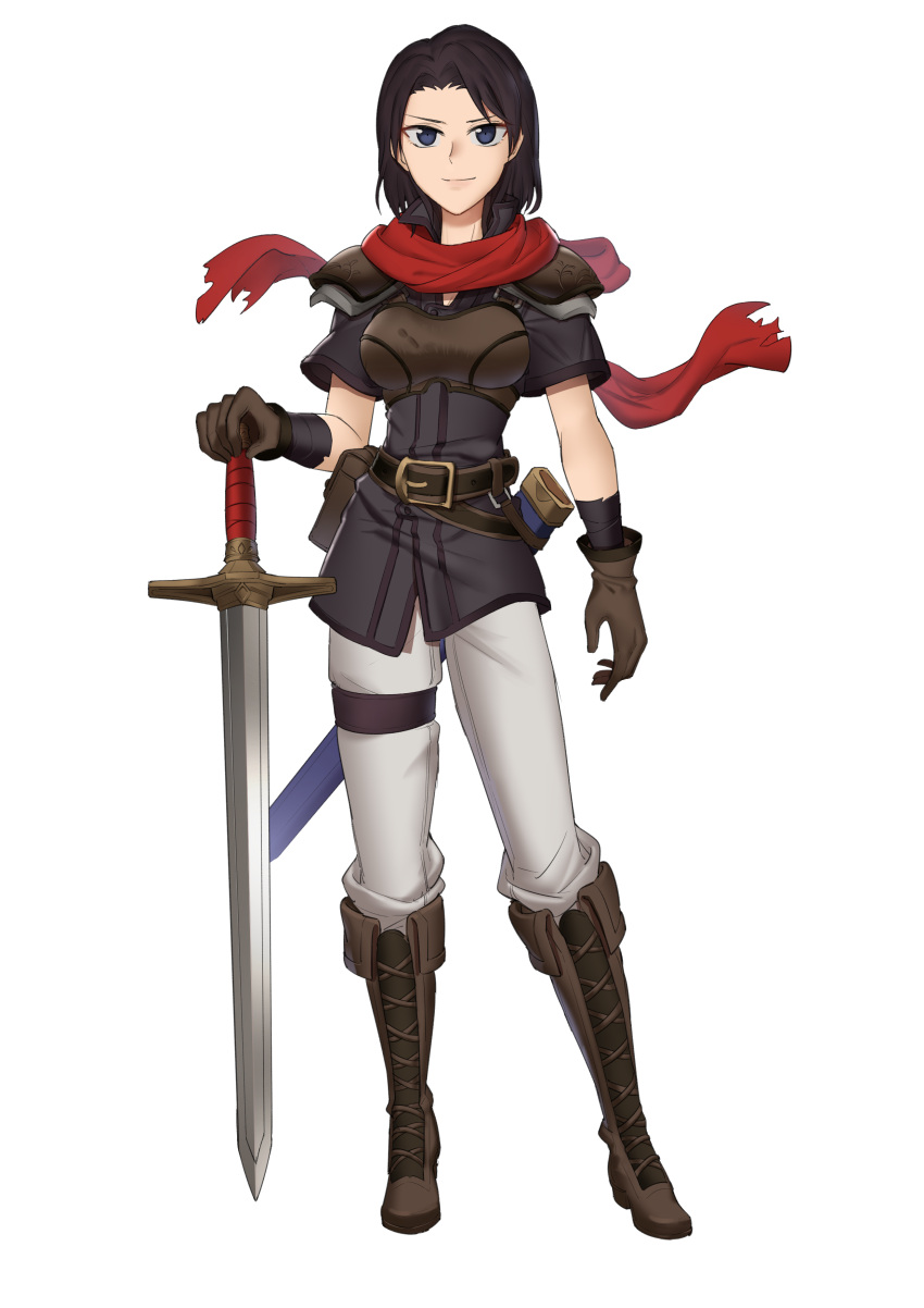 1girl absurdres armor black_eyes black_hair black_shirt boots breastplate brown_footwear brown_gloves ebinku fire_emblem fire_emblem:_thracia_776 gloves highres holding holding_sword holding_weapon looking_at_viewer machyua_(fire_emblem) pants pauldrons red_scarf scarf shirt shoulder_armor smile sword weapon white_pants