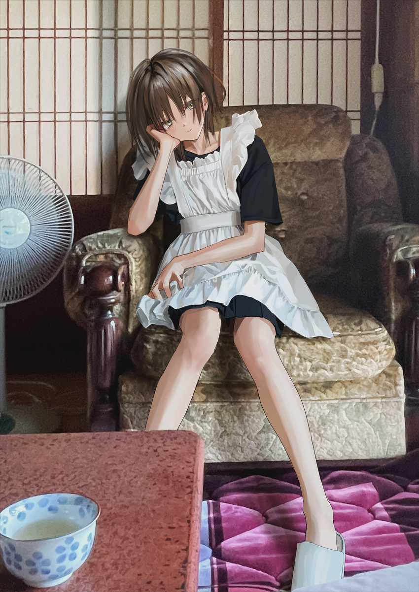1girl apron black_shirt black_skirt brown_eyes brown_hair couch cup electric_fan frilled_apron frills head_rest highres medium_hair nadegata on_couch original photo_background shirt shouji sitting skirt sliding_doors slippers solo white_apron white_footwear wolf_cut