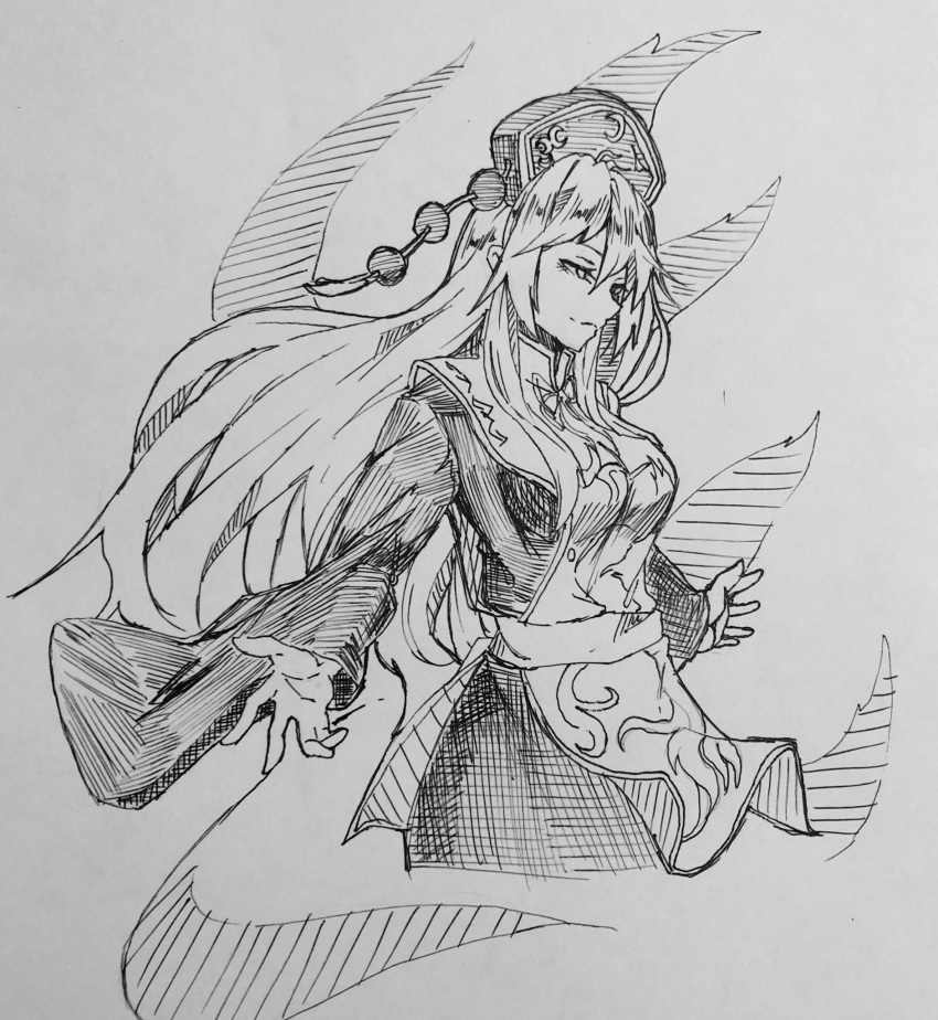 1girl breasts closed_mouth commentary dress greyscale half-closed_eyes headdress highres junko_(touhou) kanaria_(bocmn) long_hair long_sleeves monochrome one-hour_drawing_challenge simple_background sketch solo tabard touhou traditional_media wide_sleeves