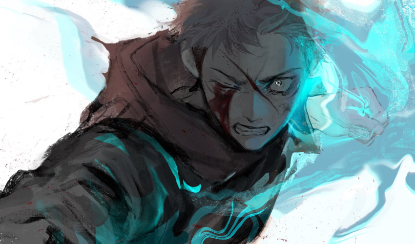 1boy aura black_jacket blood blood_from_eyes blood_on_face clenched_hand clenched_teeth cuts fighting_stance highres hood hood_down hoodie injury itadori_yuuji jacket jujutsu_kaisen long_sleeves looking_at_viewer male_focus n9c4z one_eye_closed open_mouth red_hoodie short_hair solo teeth undercut upper_body v-shaped_eyebrows white_background