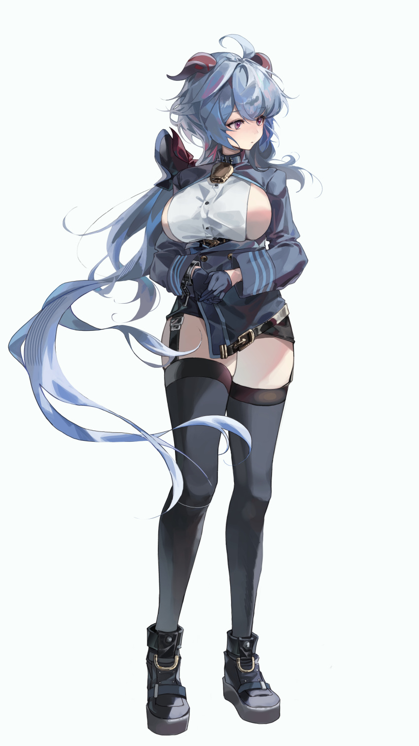 1girl absurdres ahoge ako_(blue_archive) ako_(blue_archive)_(cosplay) black_footwear black_garter_straps black_thighhighs blue_archive blue_gloves blue_hair blush breasts chun_nam closed_mouth cosplay full_body ganyu_(genshin_impact) garter_straps genshin_impact gloves goat_horns highres horns large_breasts long_hair long_sleeves sideboob simple_background solo standing thigh-highs thighs violet_eyes white_background