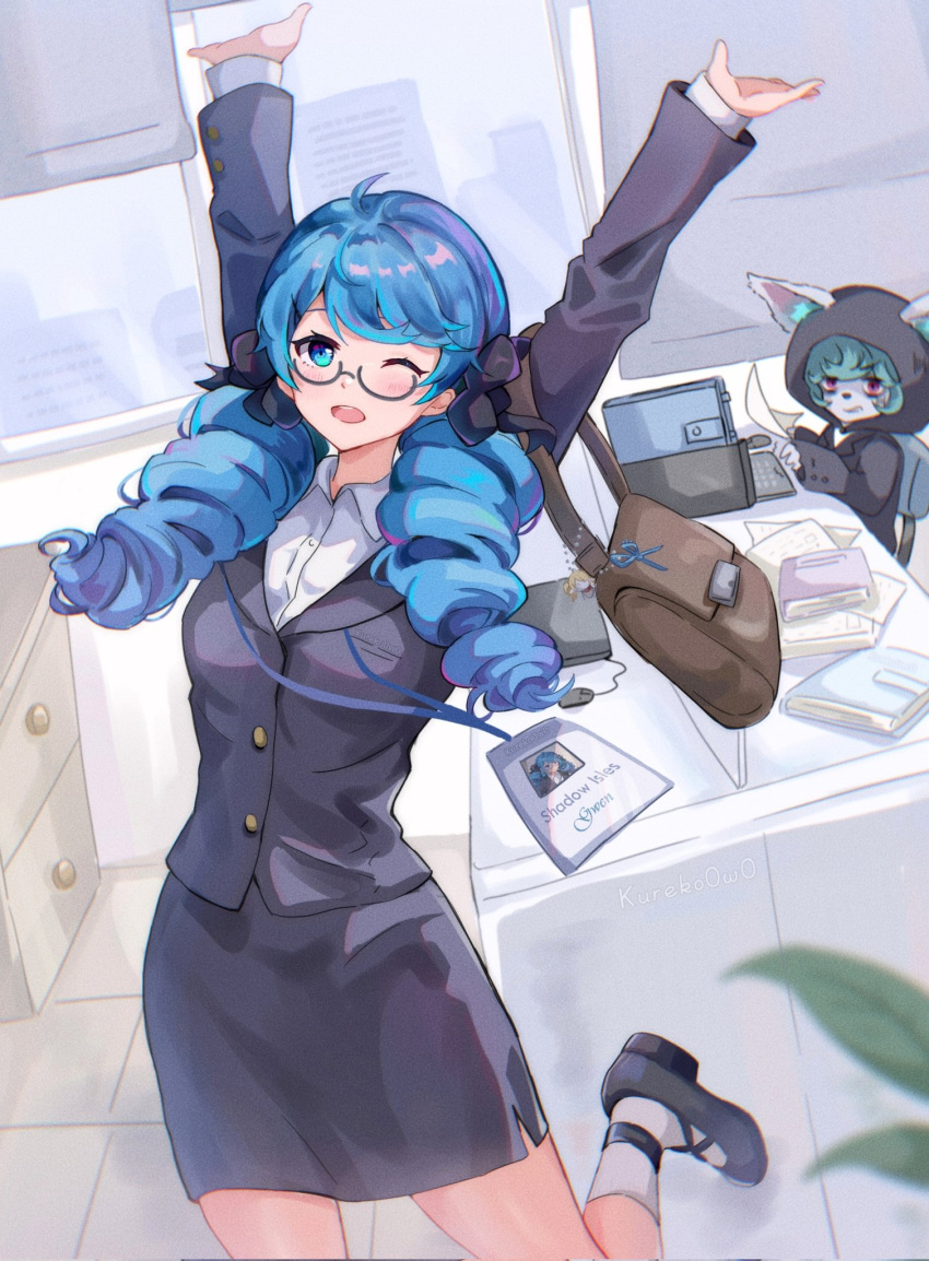 2girls ;d ahoge arms_up black_bow black_footwear black_jacket black_skirt blue_hair bow brown_bag drill_hair english_text glasses green_eyes gwen_(league_of_legends) hair_bow highres holding holding_paper indoors jacket kureko0w0 league_of_legends long_hair multiple_girls office office_lady one_eye_closed open_mouth paper pencil_skirt semi-rimless_eyewear skirt smile socks twin_drills twintails vex_(league_of_legends) yordle