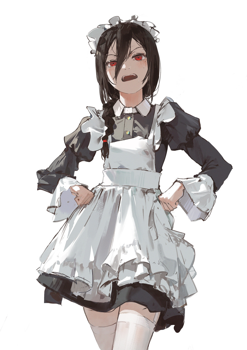1girl absurdres angry apron black_hair braid chainsaw_man commentary dino_(dinoartforame) frilled_sleeves frills garter_straps hair_between_eyes highres long_sleeves looking_at_viewer maid maid_apron maid_headdress nayuta_(chainsaw_man) open_mouth red_eyes simple_background symbol-only_commentary thigh-highs white_background white_thighhighs