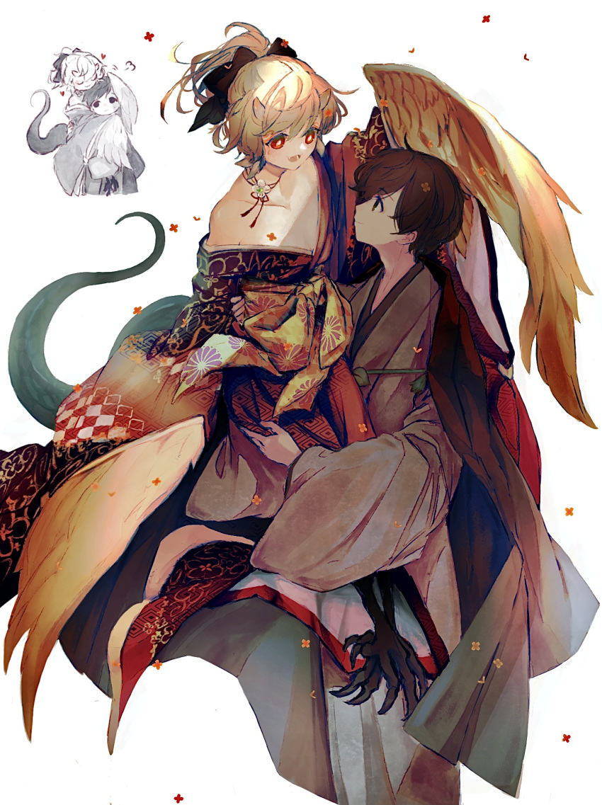 084oishi 1boy 1girl bird_girl bird_legs black_bow black_hair bow bright_pupils closed_eyes feathered_wings grey_hair hair_bow haori heart hetero highres horns hug japanese_clothes jewelry kimono looking_at_another multiple_views necklace obi off_shoulder oni_horns open_mouth original ponytail red_eyes sash single_bare_shoulder smile tail white_background white_pupils wings