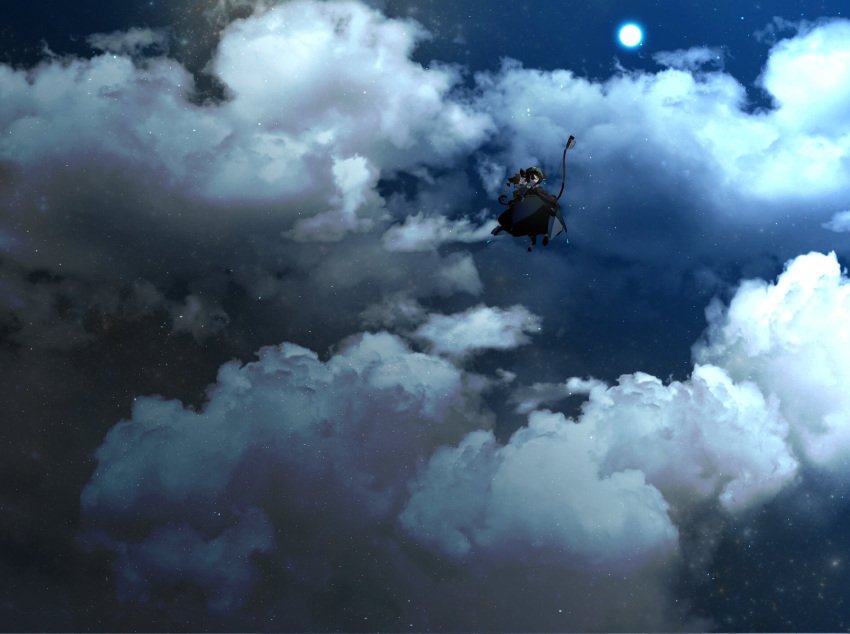 084oishi 1girl above_clouds black_hair black_kimono bow_(weapon) cat check_copyright clouds copyright_request flying full_moon green_eyes hat highres holding holding_bow_(weapon) holding_weapon japanese_clothes kimono light_particles moon night night_sky original sky star_(sky) starry_sky weapon wide_shot