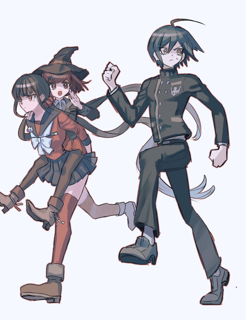 1boy 2girls :d ahoge black_footwear black_hair black_headwear black_jacket black_pants black_sailor_collar black_skirt brown_footwear brown_pantyhose buttons carrying clenched_hand danganronpa_(series) danganronpa_v3:_killing_harmony full_body hair_ornament hairclip harukawa_maki hat highres jacket long_hair long_sleeves looking_to_the_side low_twintails miniskirt mole mole_under_eye multiple_girls pants pantyhose piggyback pleated_skirt red_eyes red_scrunchie red_shirt red_thighhighs saihara_shuichi sailor_collar scrunchie shirt short_hair simple_background skirt smile thigh-highs twintails visket53 white_background witch_hat yumeno_himiko
