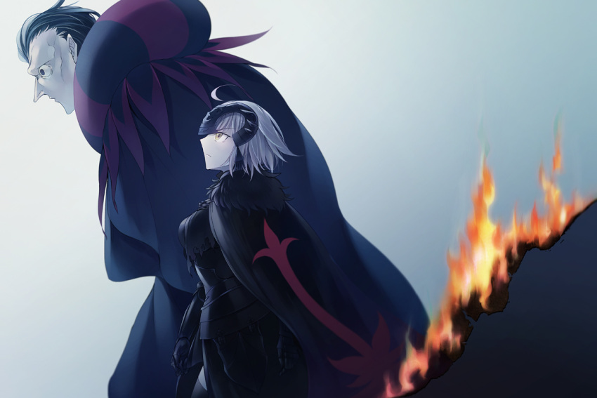 1boy 1girl 2gno082 black_hair breasts burning_clothes fate/grand_order fate_(series) feet_out_of_frame from_side gilles_de_rais_(caster)_(fate) jeanne_d'arc_alter_(avenger)_(fate) jeanne_d'arc_alter_(fate) looking_ahead profile short_hair walking