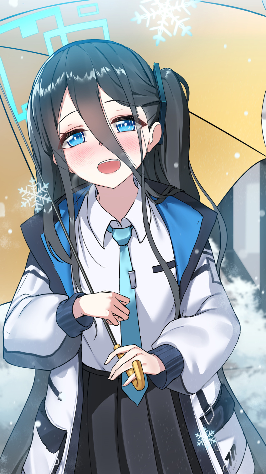 1girl :d absurdres aris_(blue_archive) beanowl black_hair black_skirt blue_archive blue_eyes blue_necktie blurry coat collared_shirt commentary_request depth_of_field hair_between_eyes halo highres holding holding_umbrella ice_crystal long_bangs long_hair long_sleeves looking_at_viewer necktie one_side_up open_clothes open_coat outdoors pleated_skirt pocket school_uniform shirt sidelocks skirt smile snowing solo umbrella white_shirt