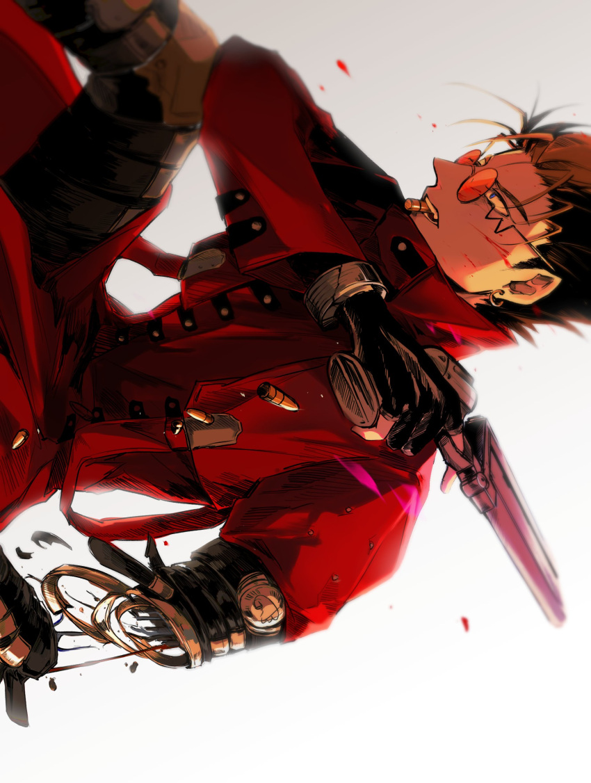 1boy absurdres amputee bap2boyak blonde_hair blue_eyes bullet_in_mouth coat earrings gloves gun highres jewelry male_focus red_coat simple_background single_earring single_glove solo sunglasses trigun vash_the_stampede weapon white_background