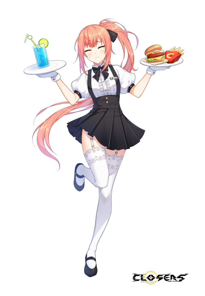 1girl badge black_bow black_bowtie black_footwear black_skirt blush bow bowtie breasts burger center_frills closed_eyes closed_mouth closers collared_shirt copyright_name cup drink drinking_glass drinking_straw facing_viewer floating_hair food french_fries frills frown fruit full_body furrowed_brow garter_straps gloves hair_bow hands_up high-waist_skirt highres holding holding_plate ice ice_cube lace-trimmed_thighhighs leg_up lime_(fruit) lime_slice logo long_hair luna_aegis_(closers) mary_janes miniskirt official_art orange_hair plate pleated_skirt ponytail puffy_short_sleeves puffy_sleeves shirt shoes short_sleeves sidelocks skirt small_breasts solo standing standing_on_one_leg suspender_skirt suspenders sweat tachi-e thigh-highs underbust very_long_hair waitress white_background white_gloves white_shirt white_thighhighs zettai_ryouiki