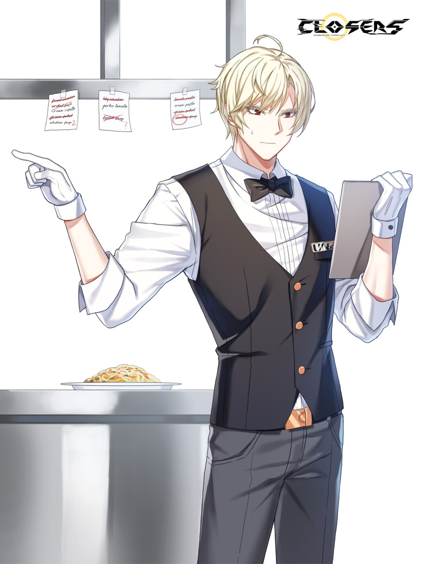1boy ahoge badge belt black_belt black_bow black_bowtie black_vest blonde_hair bow bowtie clipboard closed_mouth closers collared_shirt copyright_name counter cowboy_shot food gloves grey_pants hands_up highres holding holding_clipboard logo looking_down male_focus noodles note official_art pants plate pointing pointing_to_the_side red_eyes shirt short_hair sleeves_past_elbows solo sweatdrop traditional_bowtie truss vest waistcoat waiter white_background white_gloves white_shirt wolfgang_schneider