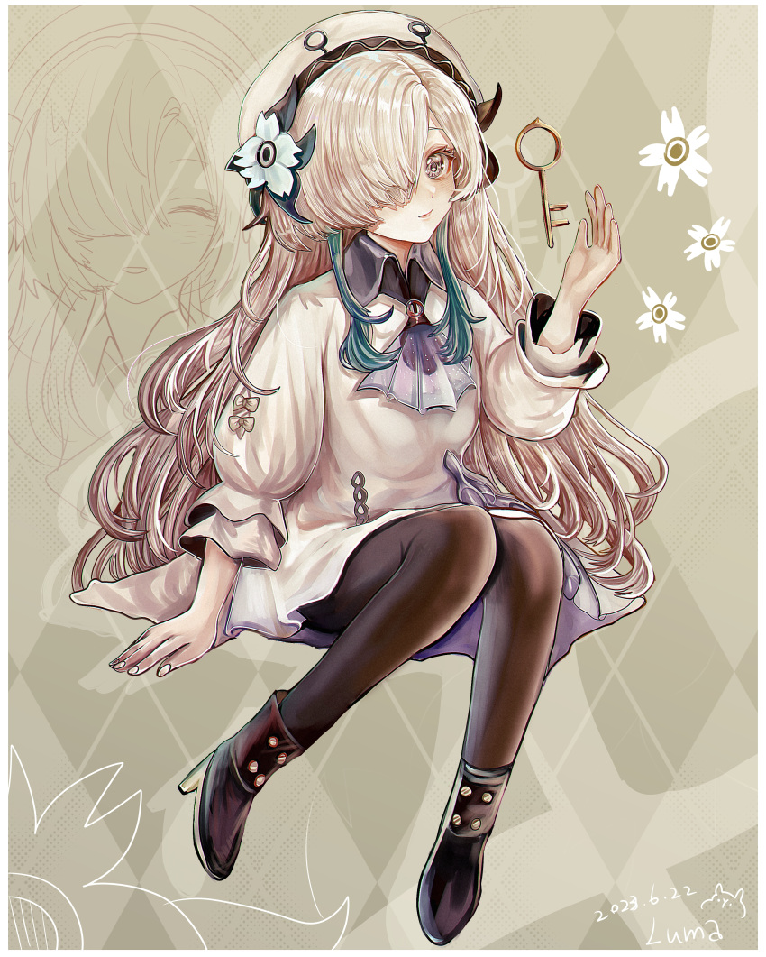 1girl absurdres ascot beret black_footwear black_pantyhose blue_hair boots collared_dress dress floating floating_object flower full_body grey_dress grey_eyes grey_hair grey_headwear hair_flower hair_ornament hair_over_one_eye hand_up hat high_heel_boots high_heels highres isekai_joucho kamitsubaki_studio key long_hair looking_at_viewer luma0130 multicolored_hair pantyhose sitting smile solo two-tone_hair virtual_youtuber wavy_hair white_flower